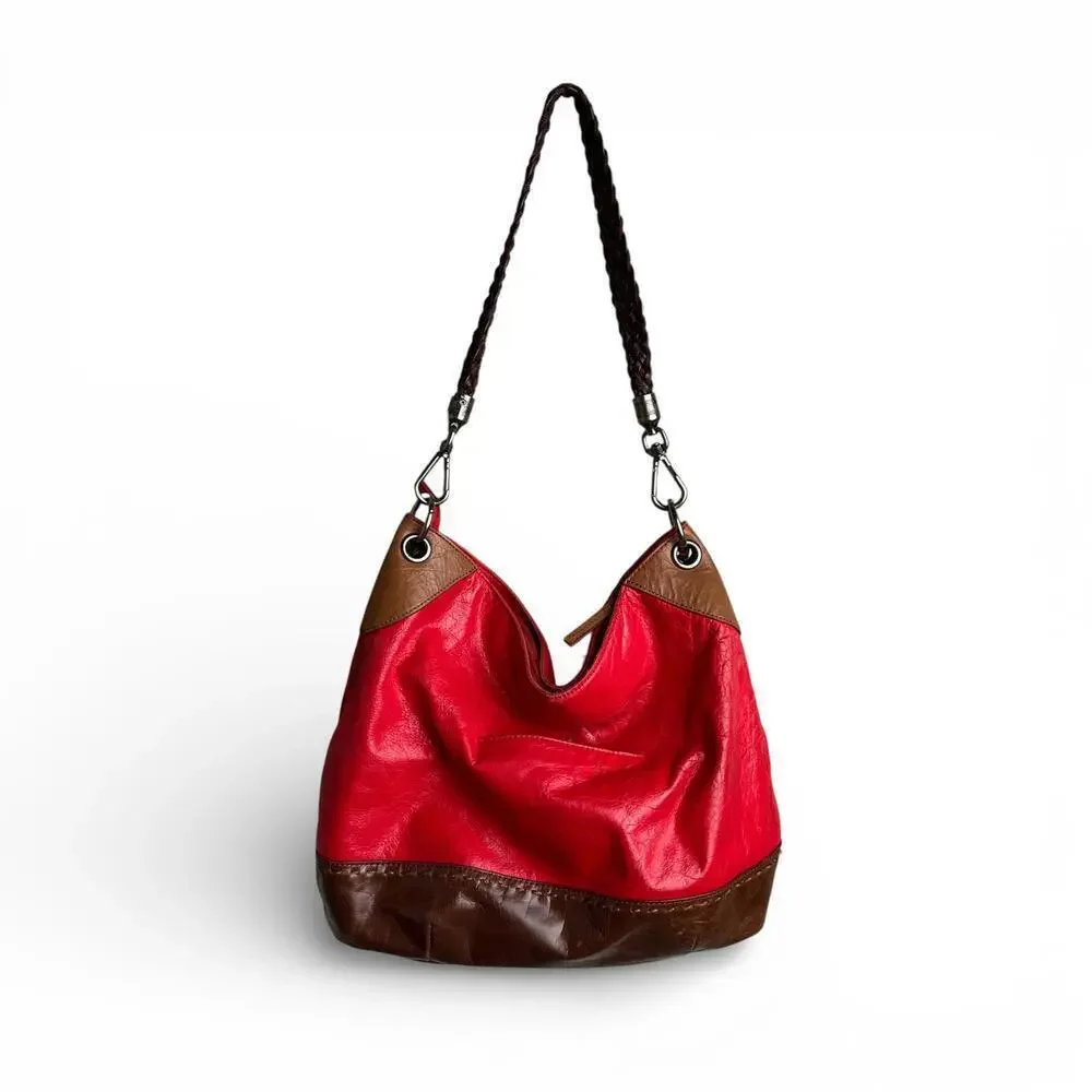 Vintage Red Leather Shoulder Bag with Braided Strap